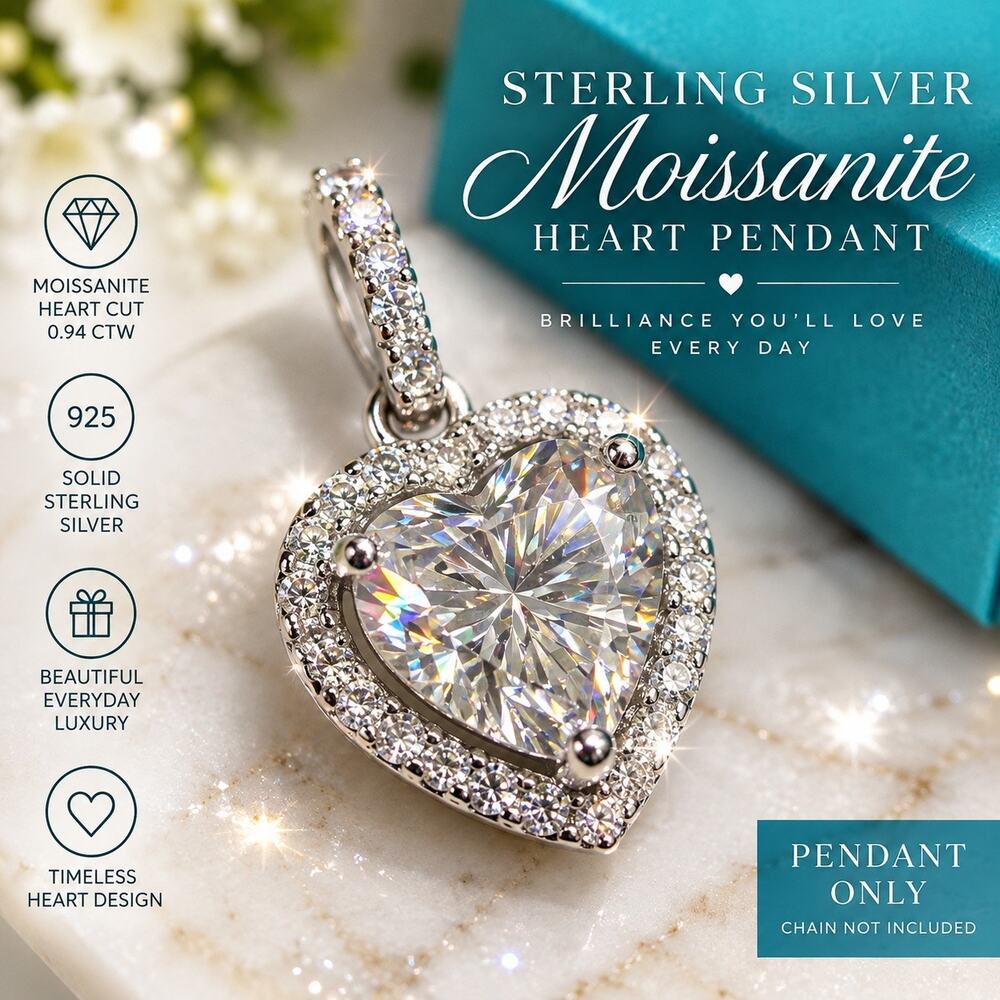 NWT Beautiful Moissanite Heart Pendant 0.94 CTTW 925 Sterling Silver Halo